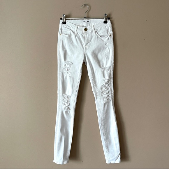 FRAME | Le Skinny De Jeanne White Distressed Skinny Denim Jeans Sz 25 - Picture 1 of 8